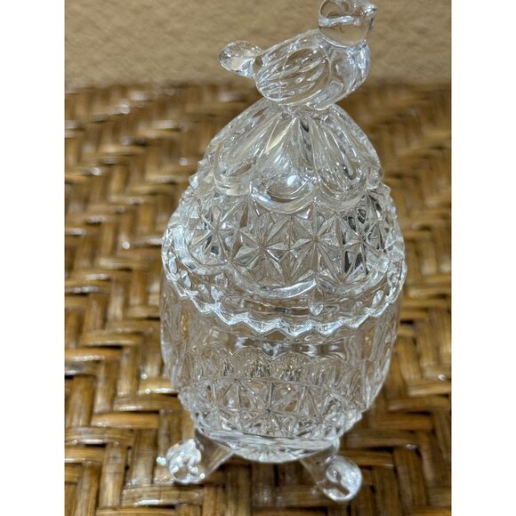 Vintage Cut Crystal Three Leg Egg Shape Lidded Bird Trinket Dish - Picture 1 of 6